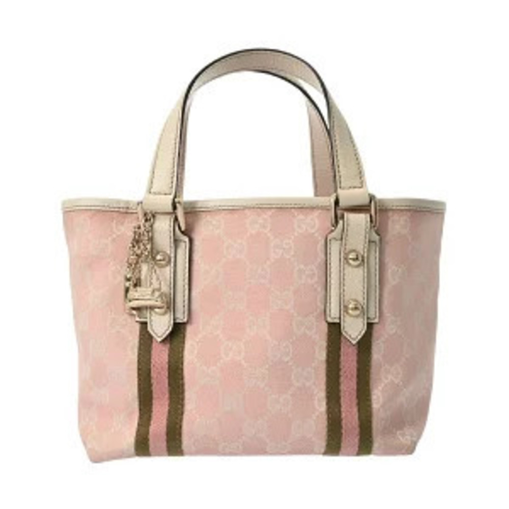 Gucci Web Stripe GG Canvas Leather Tote Bag Pink